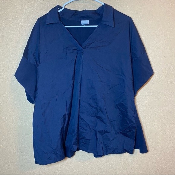 Chicos Navy Blue Short Sleeve A Line Collared Blouse Top Shirt Size 3 US XL - Picture 1 of 5